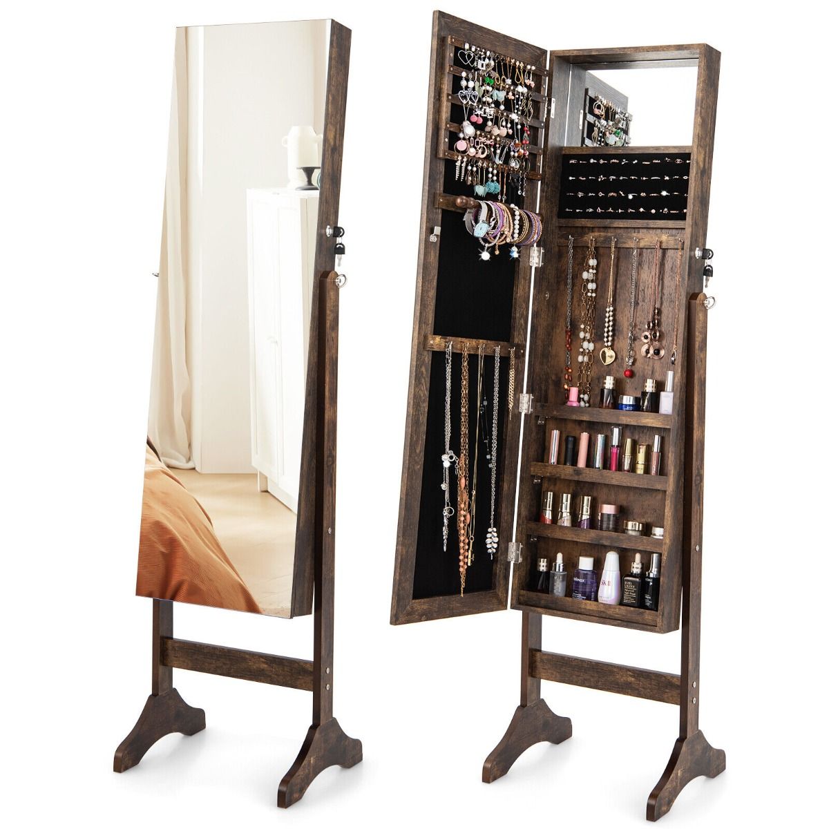 Freestanding Jewelry Cabinet with Hooks Full Length and Inner Mirror